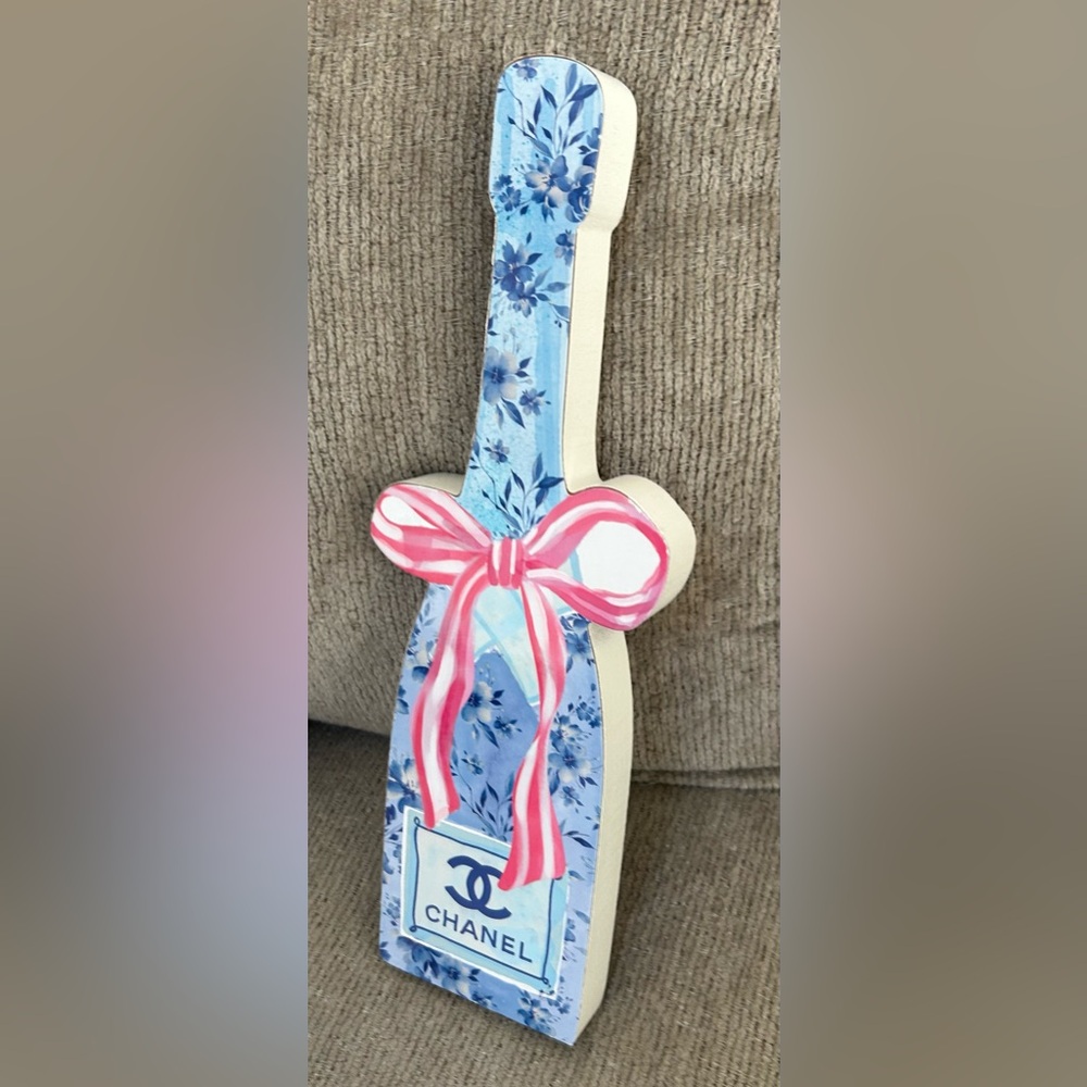 Chanel Floral Champagne Bottle Wall Home Decor Blue Pink Bow luxury Art NWT - Picture 6 of 7